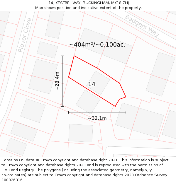 14, KESTREL WAY, BUCKINGHAM, MK18 7HJ: Plot and title map