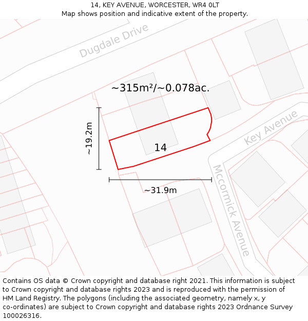 14, KEY AVENUE, WORCESTER, WR4 0LT: Plot and title map