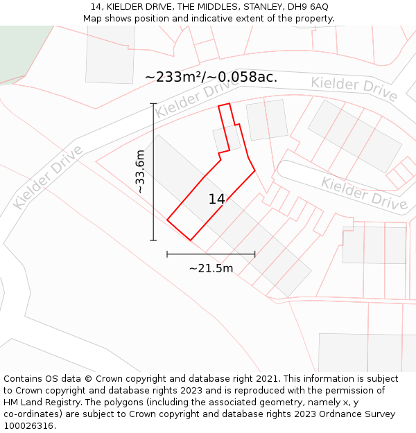 14, KIELDER DRIVE, THE MIDDLES, STANLEY, DH9 6AQ: Plot and title map