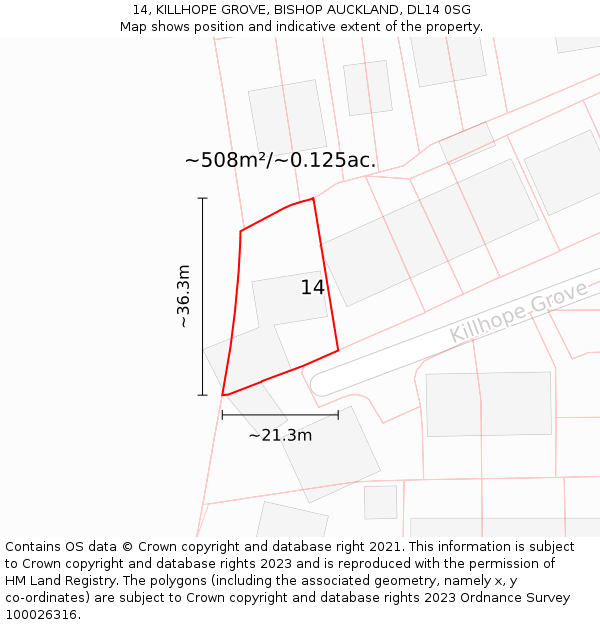14, KILLHOPE GROVE, BISHOP AUCKLAND, DL14 0SG: Plot and title map