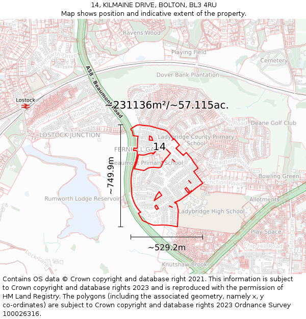 14, KILMAINE DRIVE, BOLTON, BL3 4RU: Plot and title map