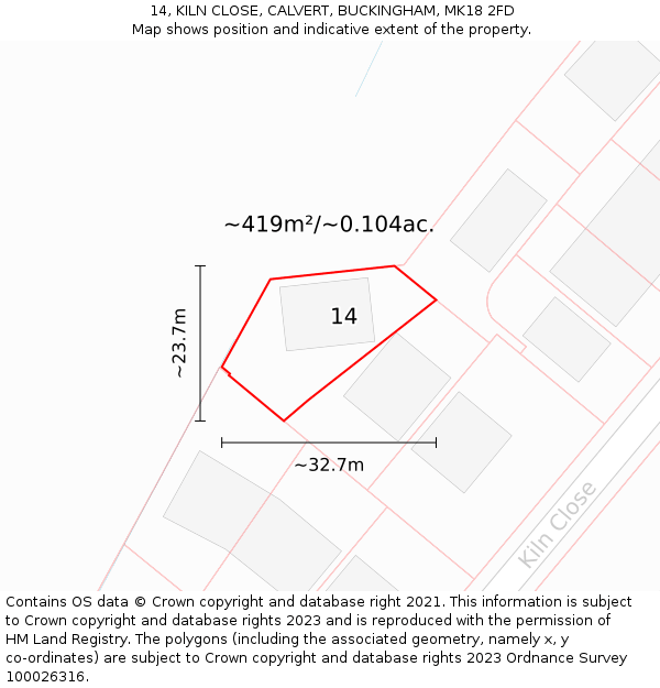 14, KILN CLOSE, CALVERT, BUCKINGHAM, MK18 2FD: Plot and title map