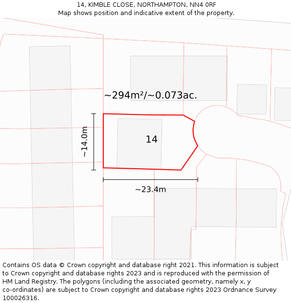 14, KIMBLE CLOSE, NORTHAMPTON, NN4 0RF: Plot and title map