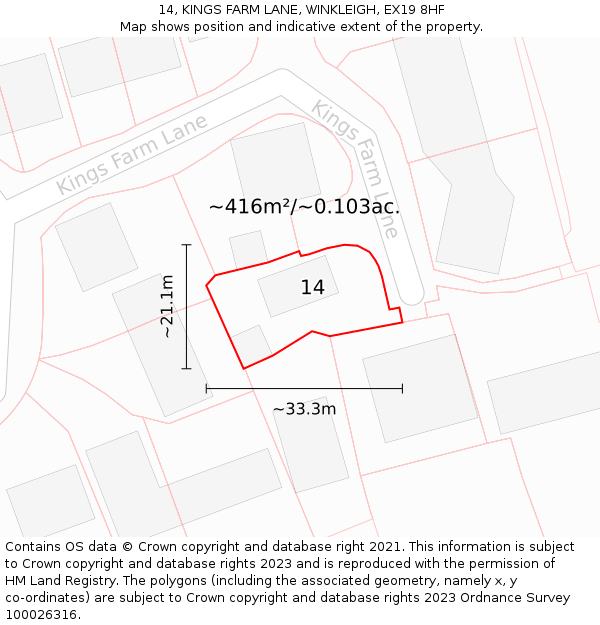 14, KINGS FARM LANE, WINKLEIGH, EX19 8HF: Plot and title map
