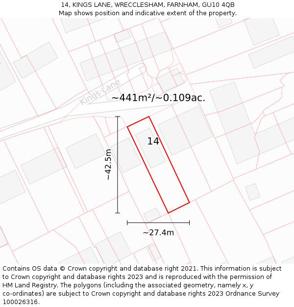 14, KINGS LANE, WRECCLESHAM, FARNHAM, GU10 4QB: Plot and title map