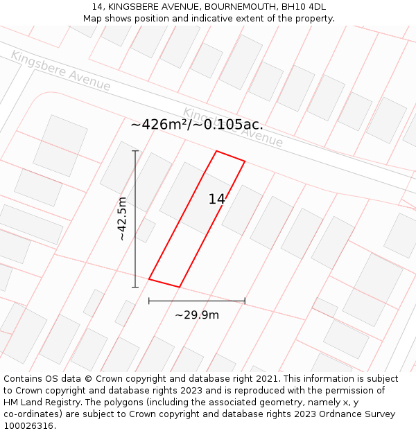 14, KINGSBERE AVENUE, BOURNEMOUTH, BH10 4DL: Plot and title map