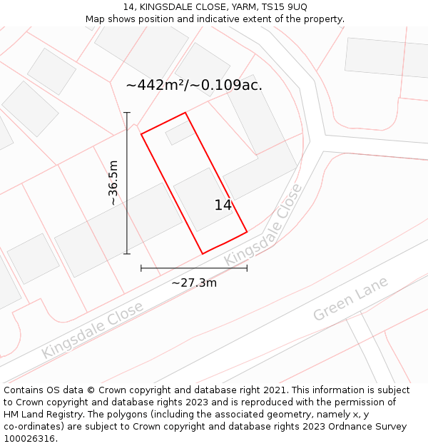 14, KINGSDALE CLOSE, YARM, TS15 9UQ: Plot and title map