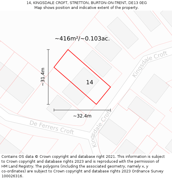 14, KINGSDALE CROFT, STRETTON, BURTON-ON-TRENT, DE13 0EG: Plot and title map
