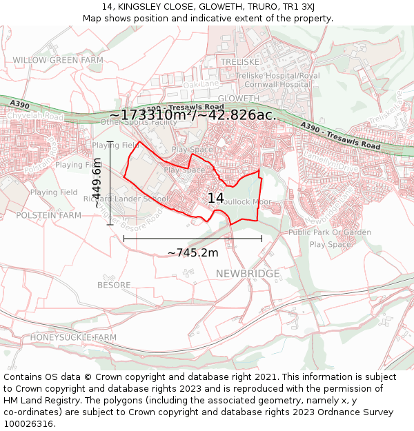 14, KINGSLEY CLOSE, GLOWETH, TRURO, TR1 3XJ: Plot and title map
