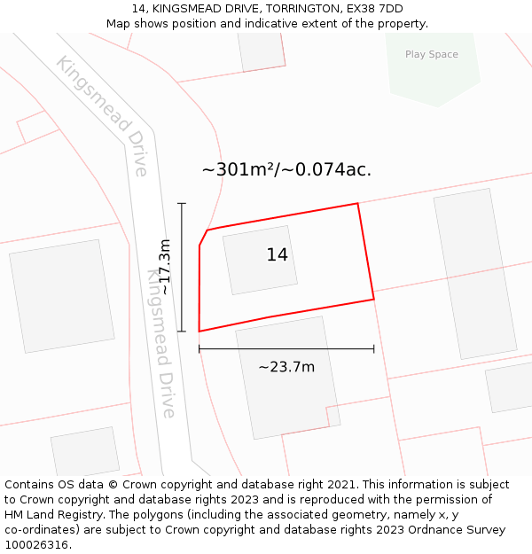 14, KINGSMEAD DRIVE, TORRINGTON, EX38 7DD: Plot and title map