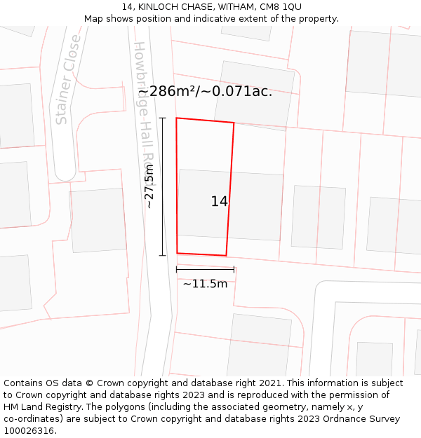 14, KINLOCH CHASE, WITHAM, CM8 1QU: Plot and title map