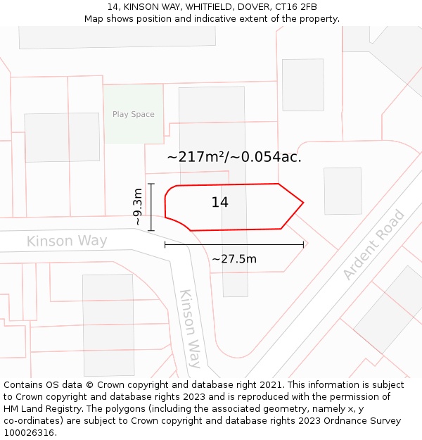 14, KINSON WAY, WHITFIELD, DOVER, CT16 2FB: Plot and title map