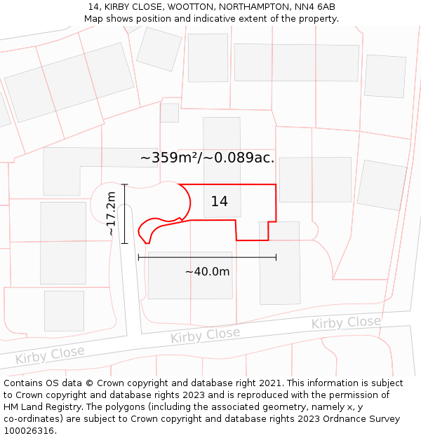 14, KIRBY CLOSE, WOOTTON, NORTHAMPTON, NN4 6AB: Plot and title map