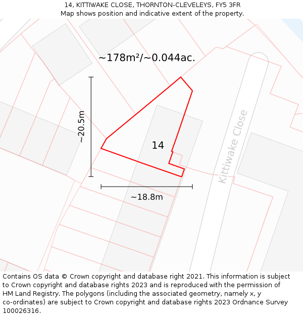 14, KITTIWAKE CLOSE, THORNTON-CLEVELEYS, FY5 3FR: Plot and title map