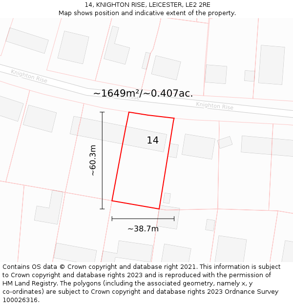 14, KNIGHTON RISE, LEICESTER, LE2 2RE: Plot and title map