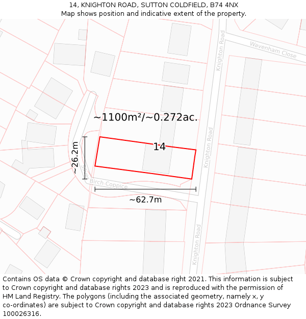 14, KNIGHTON ROAD, SUTTON COLDFIELD, B74 4NX: Plot and title map