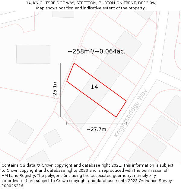 14, KNIGHTSBRIDGE WAY, STRETTON, BURTON-ON-TRENT, DE13 0WJ: Plot and title map