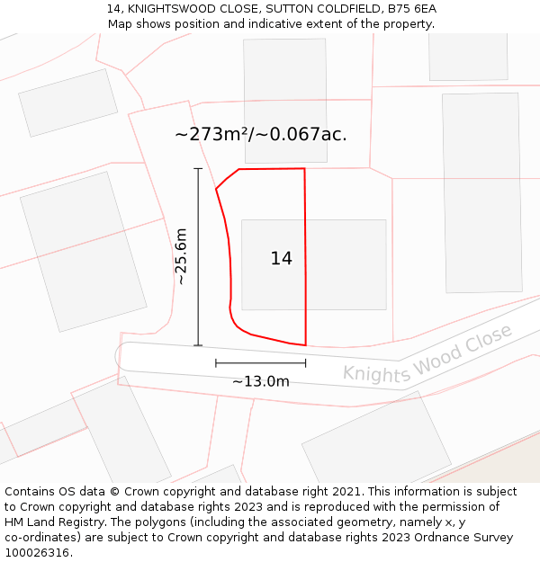 14, KNIGHTSWOOD CLOSE, SUTTON COLDFIELD, B75 6EA: Plot and title map