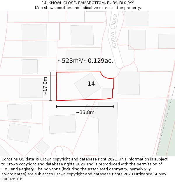 14, KNOWL CLOSE, RAMSBOTTOM, BURY, BL0 9YY: Plot and title map
