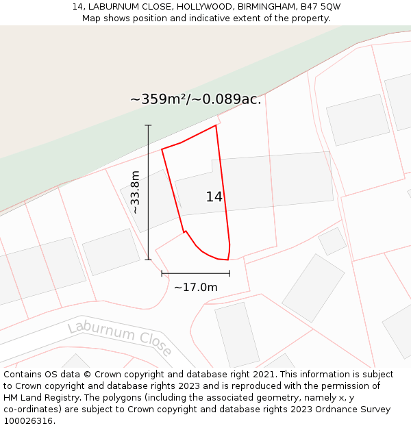 14, LABURNUM CLOSE, HOLLYWOOD, BIRMINGHAM, B47 5QW: Plot and title map