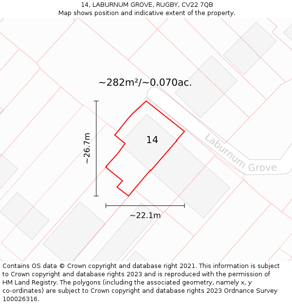 14, LABURNUM GROVE, RUGBY, CV22 7QB: Plot and title map