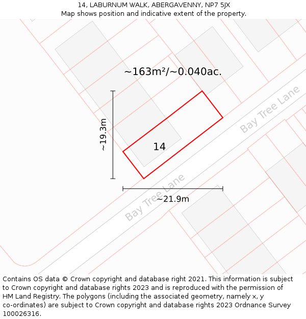 14, LABURNUM WALK, ABERGAVENNY, NP7 5JX: Plot and title map
