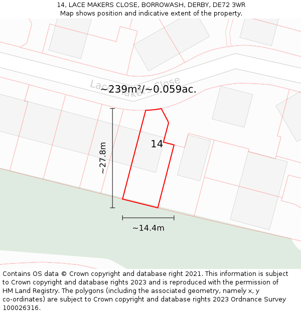 14, LACE MAKERS CLOSE, BORROWASH, DERBY, DE72 3WR: Plot and title map