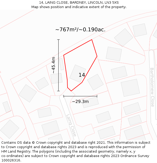 14, LAING CLOSE, BARDNEY, LINCOLN, LN3 5XS: Plot and title map