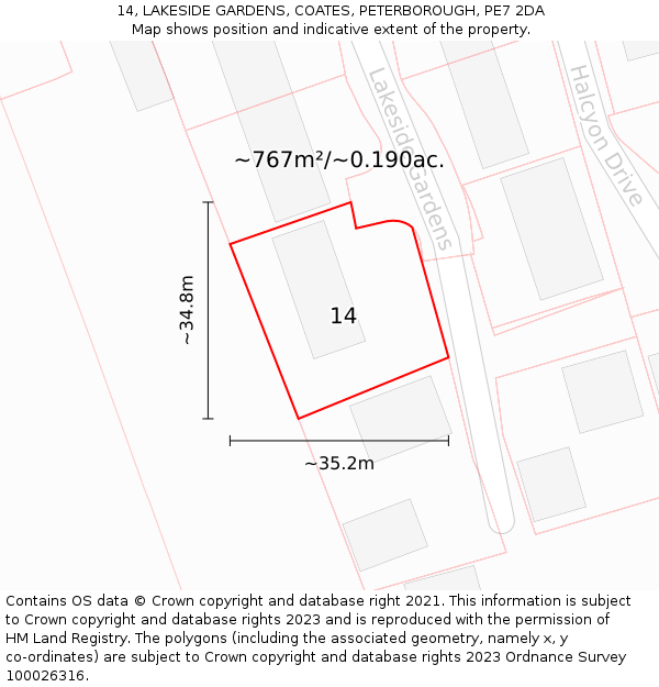 14, LAKESIDE GARDENS, COATES, PETERBOROUGH, PE7 2DA: Plot and title map