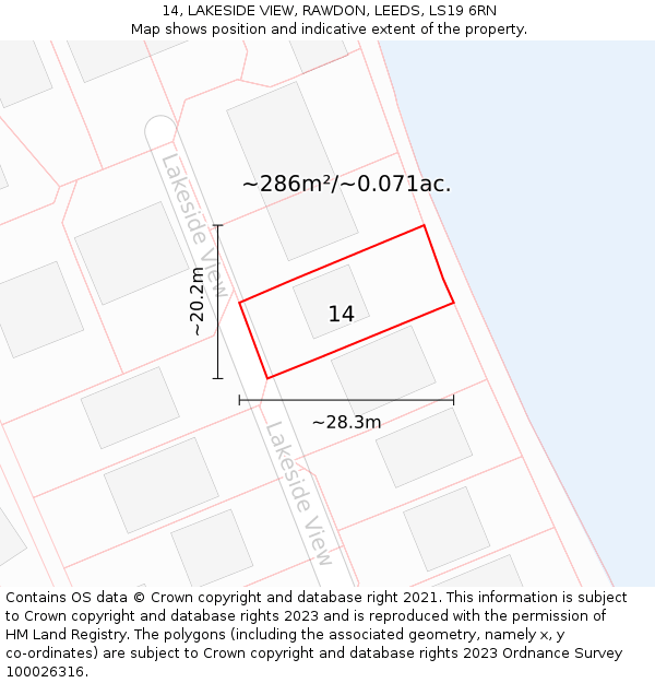 14, LAKESIDE VIEW, RAWDON, LEEDS, LS19 6RN: Plot and title map