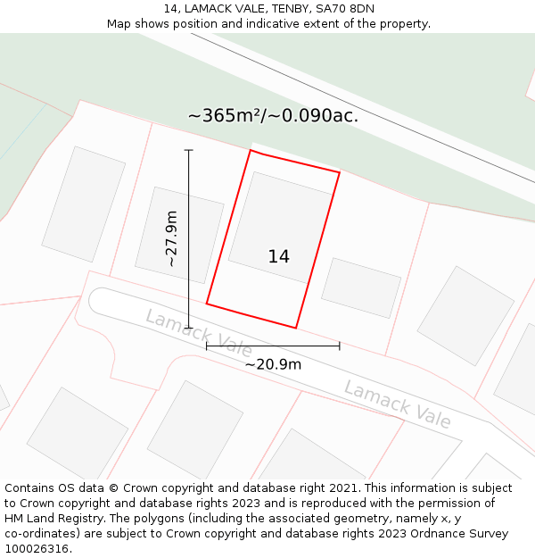 14, LAMACK VALE, TENBY, SA70 8DN: Plot and title map