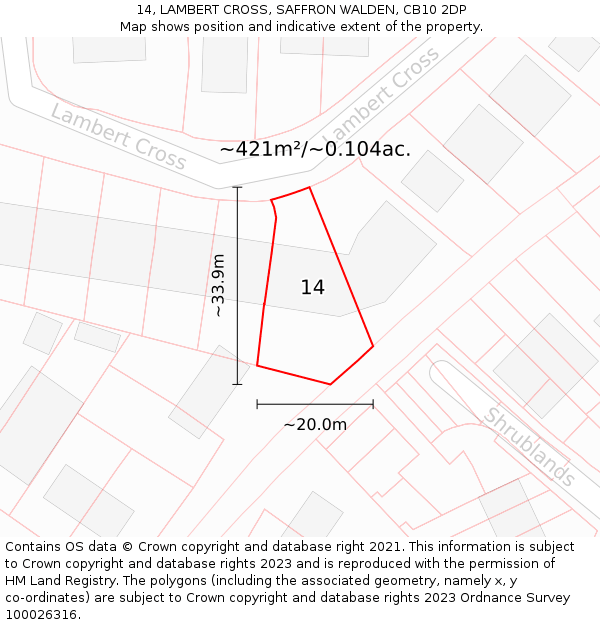 14, LAMBERT CROSS, SAFFRON WALDEN, CB10 2DP: Plot and title map