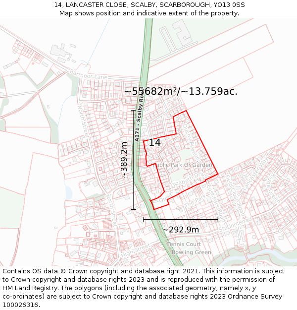 14, LANCASTER CLOSE, SCALBY, SCARBOROUGH, YO13 0SS: Plot and title map