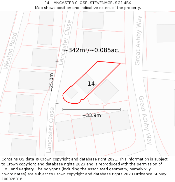14, LANCASTER CLOSE, STEVENAGE, SG1 4RX: Plot and title map