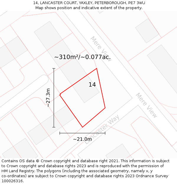 14, LANCASTER COURT, YAXLEY, PETERBOROUGH, PE7 3WU: Plot and title map
