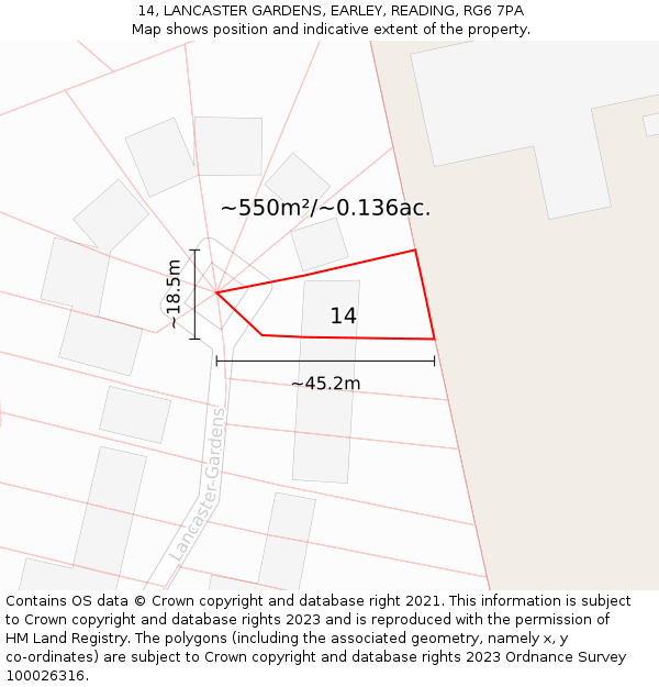 14, LANCASTER GARDENS, EARLEY, READING, RG6 7PA: Plot and title map