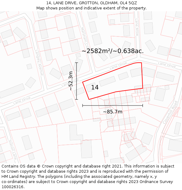 14, LANE DRIVE, GROTTON, OLDHAM, OL4 5QZ: Plot and title map