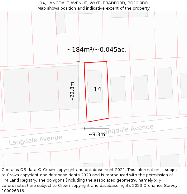 14, LANGDALE AVENUE, WYKE, BRADFORD, BD12 9DR: Plot and title map