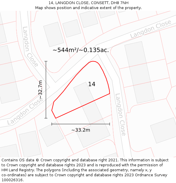 14, LANGDON CLOSE, CONSETT, DH8 7NH: Plot and title map