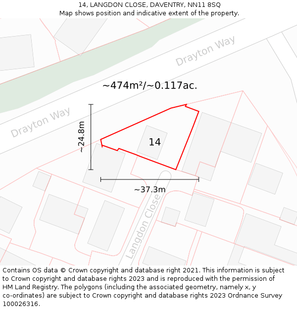 14, LANGDON CLOSE, DAVENTRY, NN11 8SQ: Plot and title map