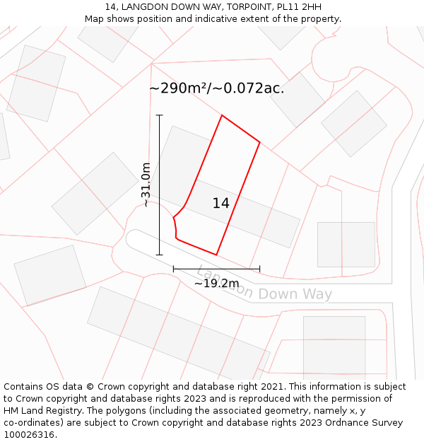 14, LANGDON DOWN WAY, TORPOINT, PL11 2HH: Plot and title map