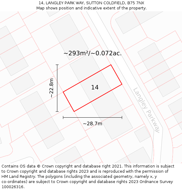 14, LANGLEY PARK WAY, SUTTON COLDFIELD, B75 7NX: Plot and title map