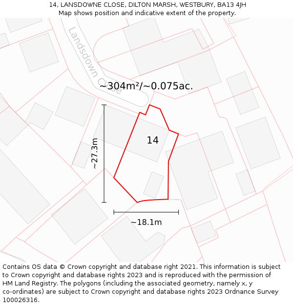 14, LANSDOWNE CLOSE, DILTON MARSH, WESTBURY, BA13 4JH: Plot and title map