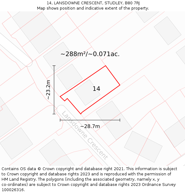 14, LANSDOWNE CRESCENT, STUDLEY, B80 7RJ: Plot and title map