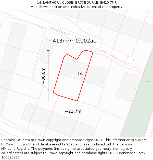 14, LANTHORN CLOSE, BROXBOURNE, EN10 7NR: Plot and title map