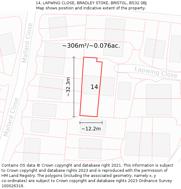 14, LAPWING CLOSE, BRADLEY STOKE, BRISTOL, BS32 0BJ: Plot and title map