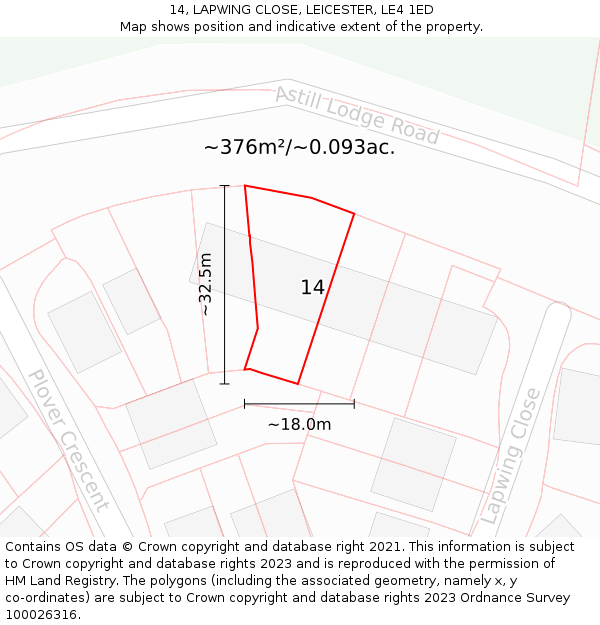 14, LAPWING CLOSE, LEICESTER, LE4 1ED: Plot and title map