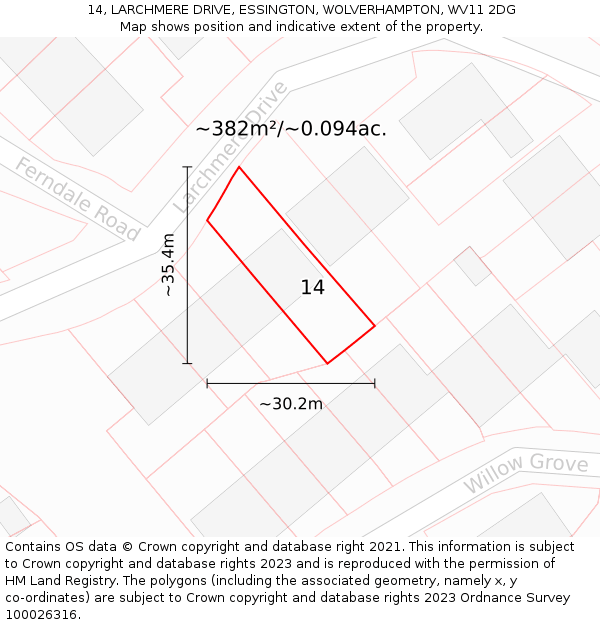 14, LARCHMERE DRIVE, ESSINGTON, WOLVERHAMPTON, WV11 2DG: Plot and title map