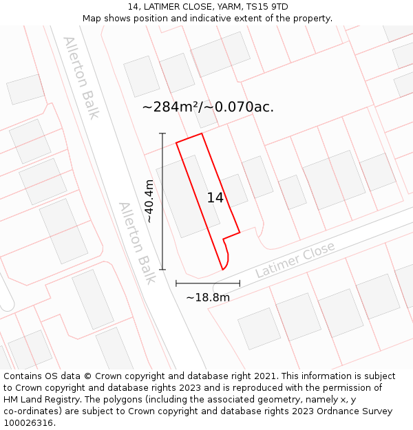 14, LATIMER CLOSE, YARM, TS15 9TD: Plot and title map