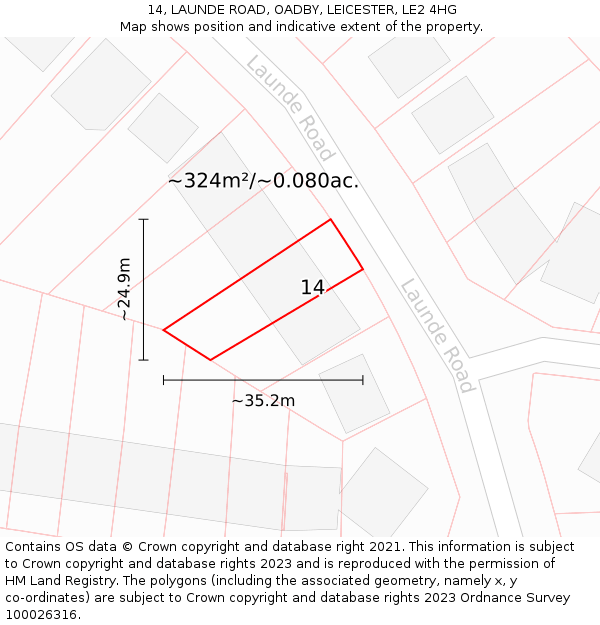 14, LAUNDE ROAD, OADBY, LEICESTER, LE2 4HG: Plot and title map